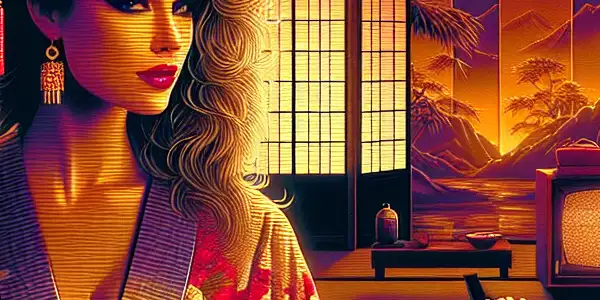 A glamorous woman in 80s fashion poses in a vintage Japanese room, evoking nostalgic adult film charm.