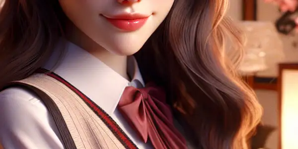 A confident female protagonist in a romantic Japanese bedroom, adorned with cherry blossoms and cinematic elements.