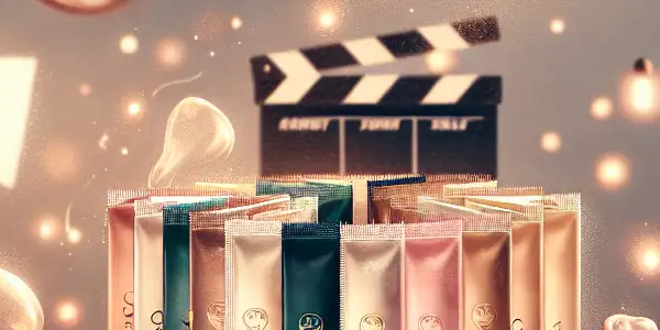 A luxurious film studio setting featuring elegant condom packages and hands, emphasizing comfort and safety in adult films.<a href=