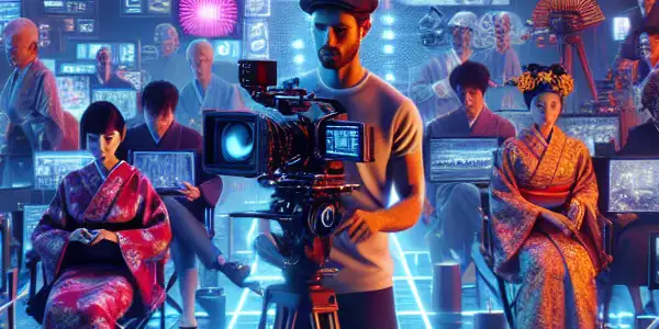 A futuristic film studio with diverse characters using high-tech equipment and VR setups in the Japanese adult video industry.