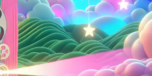 A whimsical scene of playful sheep gathered around a vintage projector in a vibrant, dreamlike landscape.