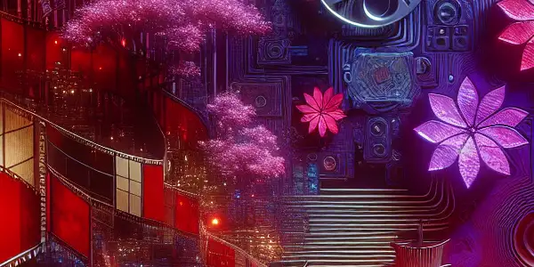 An abstract digital landscape featuring glowing red envelopes, adult entertainment icons, and Japanese cultural elements in a neon-lit atmosphere.