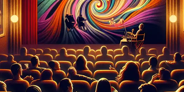 A cozy vintage cinema scene with a diverse audience watching a classic Japanese film on a large screen.