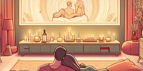 A couple enjoys a cozy home theater with ambient lighting, herbal supplements, and a tasteful adult film on screen.