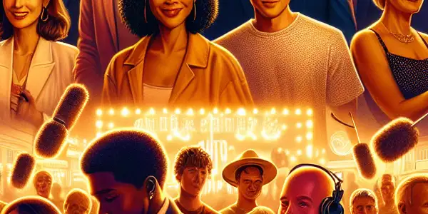 A vibrant adult film set showcasing actors and crew with safe erotic enhancement products in a professional atmosphere.