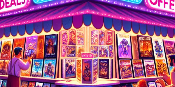 A whimsical marketplace scene featuring colorful stalls promoting discounts on adult films with playful characters and festive decorations.