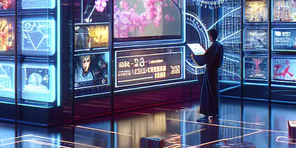 A modern digital library showcasing vibrant adult videos, featuring a person curating content with futuristic technology and Japanese cultural elements.<a href=