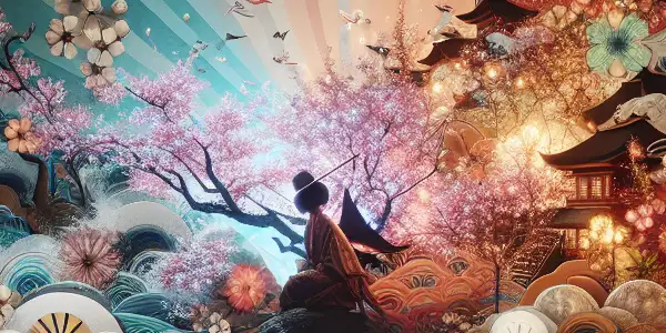 A stylish room with ambient lighting, featuring a modern screen displaying artistic representations of adult film themes and Japanese cultural elements.