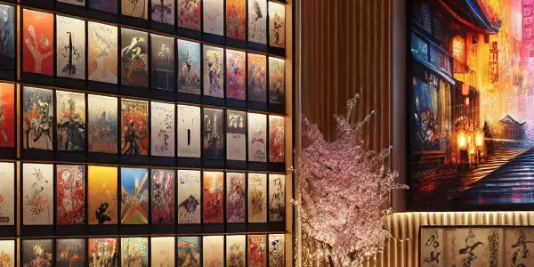 A modern library showcasing a curated collection of adult films and Japanese AV movies with vibrant posters and cozy seating.