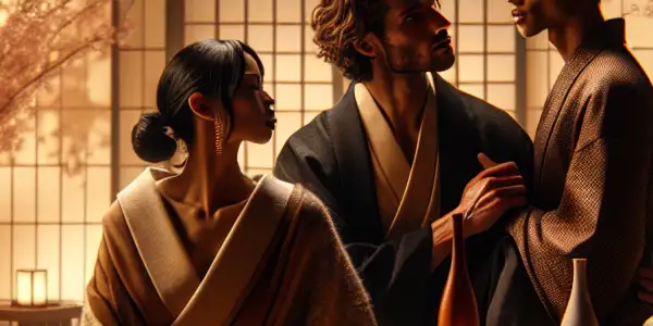 A warm, intimate Japanese room with three individuals expressing passion, surrounded by traditional decor and cherry blossoms.