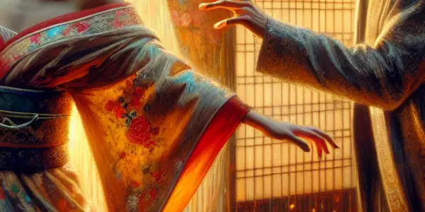 A romantic Japanese bedroom scene depicting a longing woman in a kimono and an intense man, symbolizing love's emotional journey.