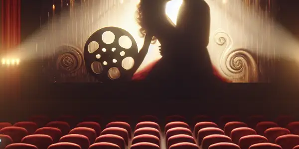 A dimly lit theater with a couple's silhouette on screen, surrounded by plush seats, popcorn, and wine.