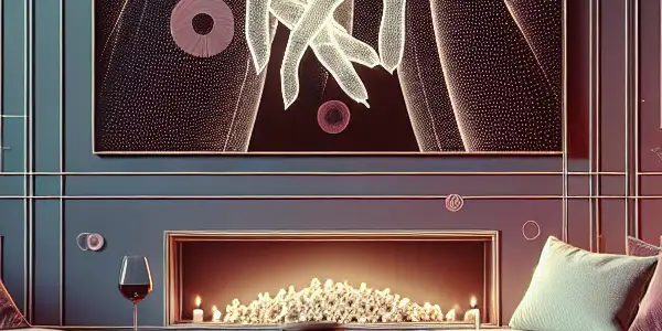 A cozy living room setting with soft lighting, a large screen, and elements symbolizing romantic intimacy and connection.