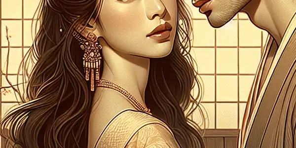 A romantic scene of a couple in a softly lit, traditional Japanese room, expressing deep emotional connection and desire.