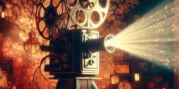 A dimly lit room with a vintage projector, film reels, and romantic Japanese AV movie posters, evoking intimacy and intrigue.