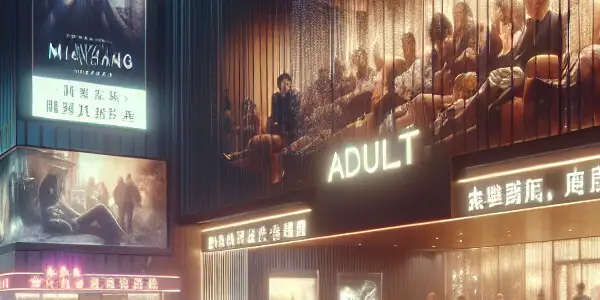 A modern cinema in Mianyang, China, featuring a sleek design, intimate screening rooms, and diverse adult patrons.