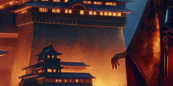 A confident female character in a provocative outfit stands defiantly in front of a dramatic medieval fortress.