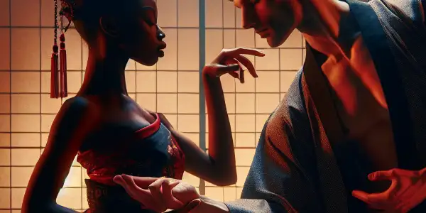 A romantic scene of two actors in traditional Japanese attire, surrounded by cherry blossoms and shoji screens, conveying deep chemistry.