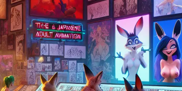 A lively animation studio filled with diverse, cheeky characters discussing provocative themes amidst colorful sketches and art supplies.