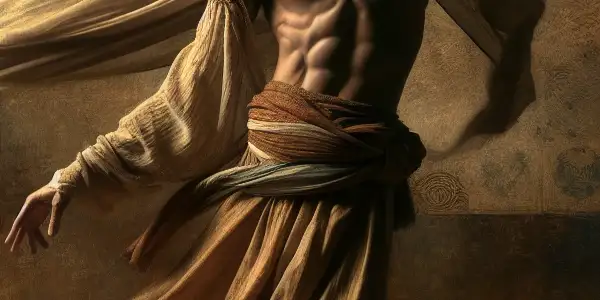 A graceful human figure in a cinematic setting, highlighting beauty and movement with soft lighting and floral motifs.