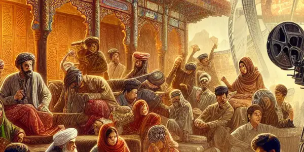 A vibrant cinematic set showcasing the fusion of Pakistani and Japanese film cultures, featuring diverse filmmakers in passionate discussion.