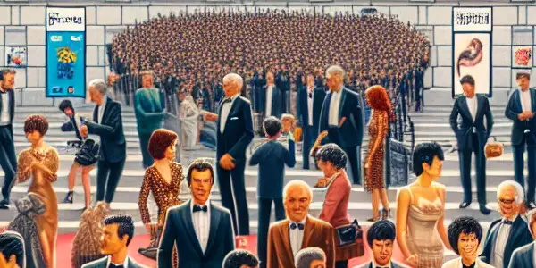 A lively film festival scene featuring diverse attendees discussing adult and erotic films amidst colorful decorations and a red carpet.